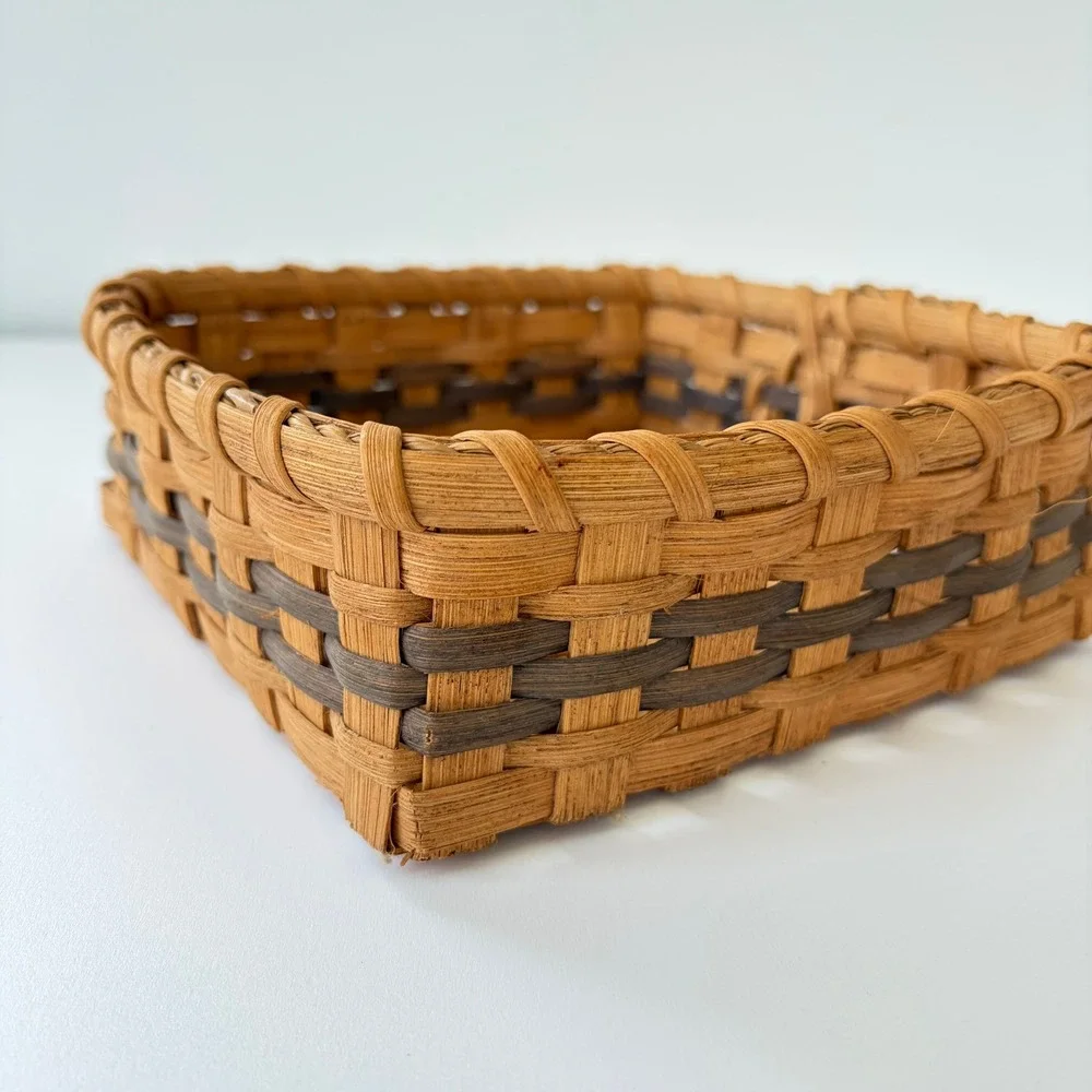 Handwoven Square Splint Basket Two Tone Brown Storage Tray 7.5in